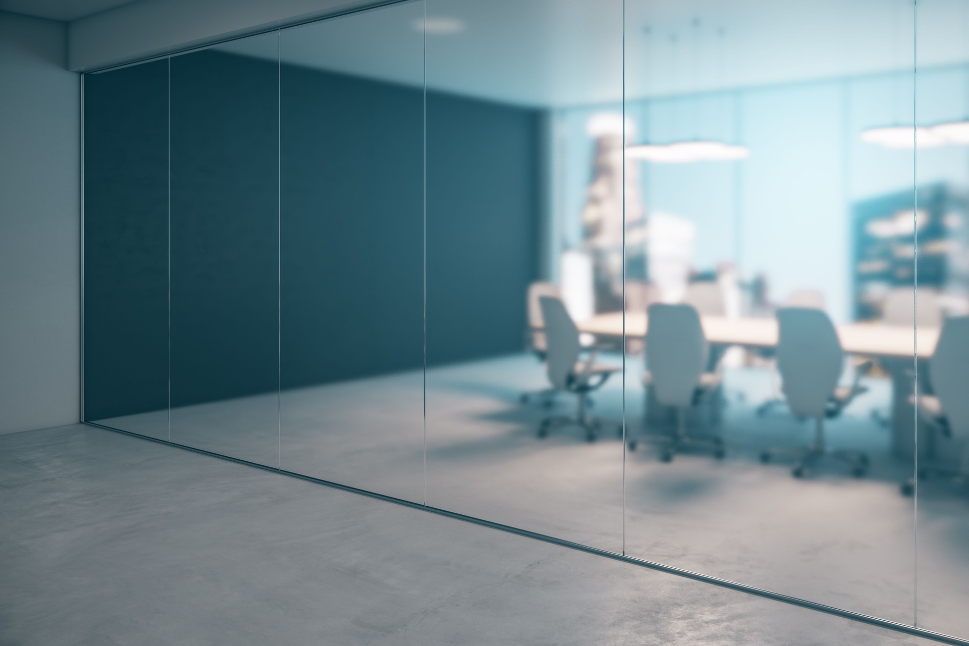 Side view on meeting room with light modern furniture and city view from glass wall behind blurred glass partition from office area with concrete floor. 3D rendering